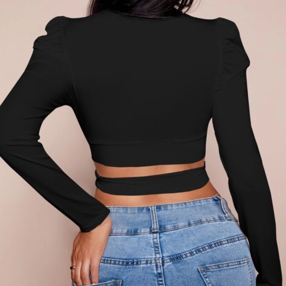 Shein Black Long Sleeve Puff Shoulders Criss Cross Crop Top Large - Picture 2 of 9